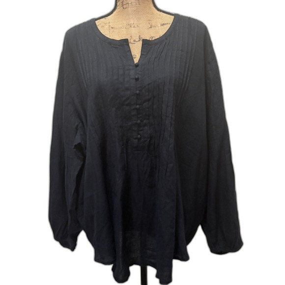Vineyard Vines Linen Pintuck Pleat Popover Blouse Black Coastal Plus Size 3X - Picture 1 of 5